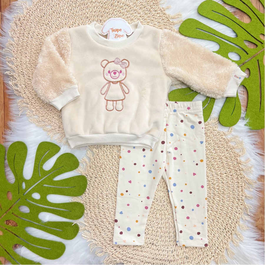 Conj. Casaco Ursinha de Pelinho e Calça Legging Confetes - Creme